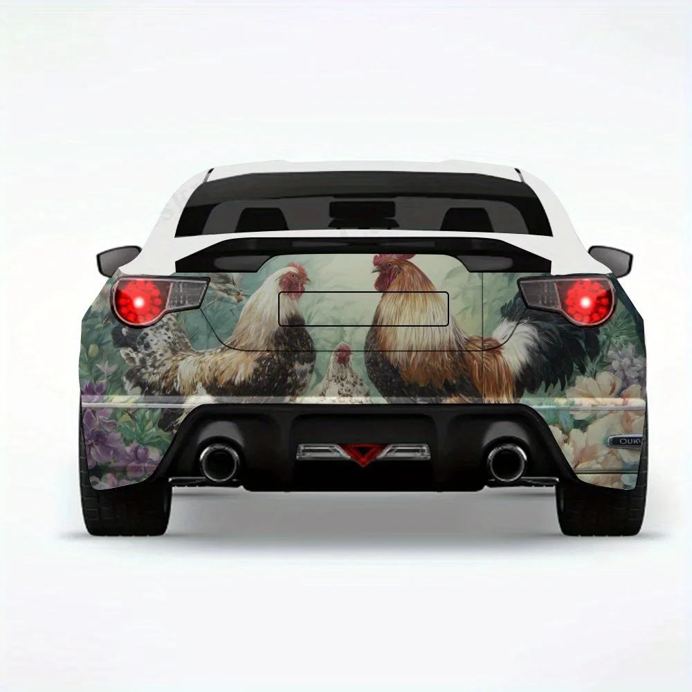 Roosters and Hens in Flower Field- Vinyl Decal for Car Rear, Waterproof Self-Adhesive Vinyl Stickers for Vehicle Tail andBumper,