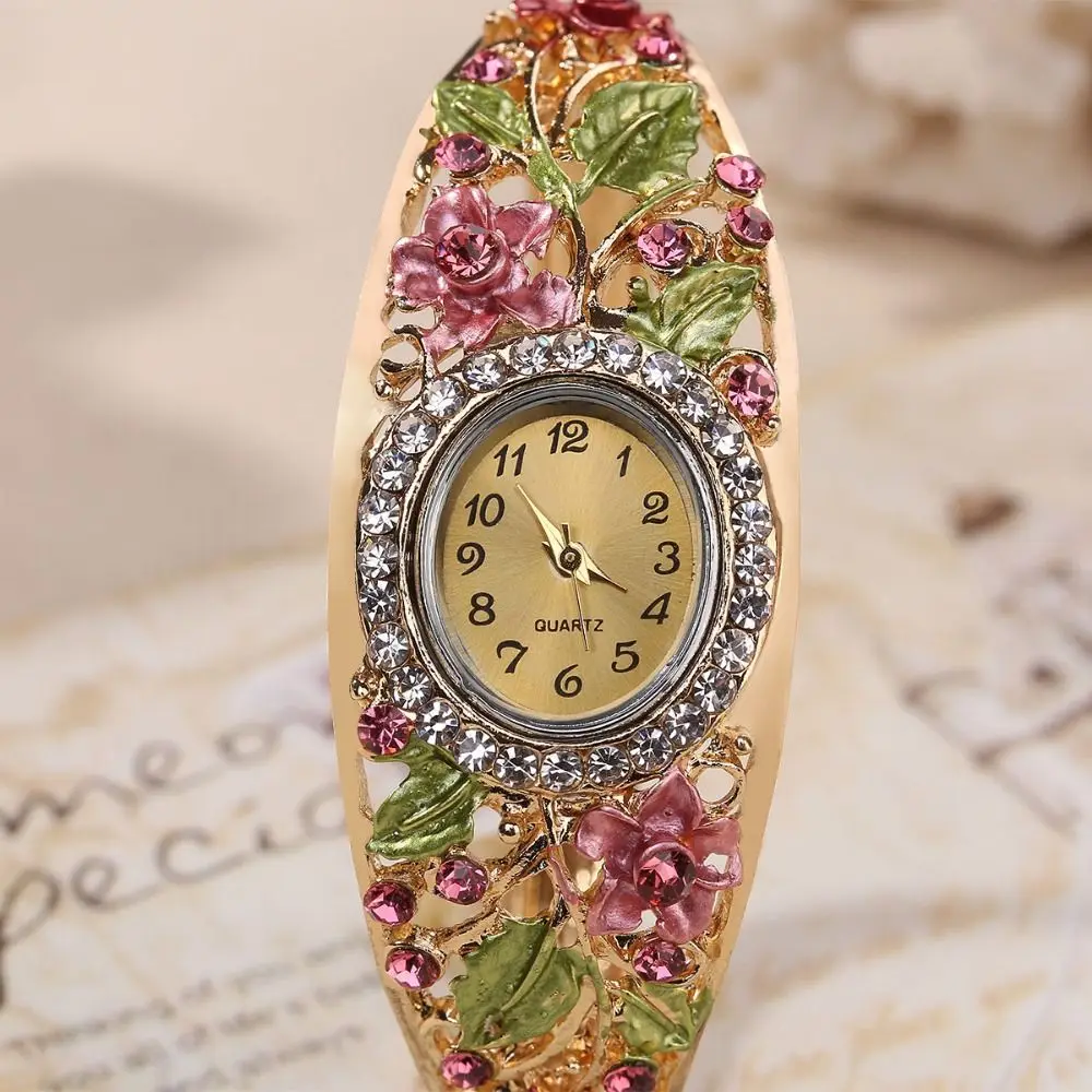 

Винтажные часы Rich In Flowers с круглым циферблатом и стразами, кварцевые часы с универсальным дизайном, украшенные кристаллами