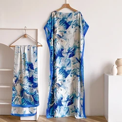 2025 Summer New Fashion African Dresses For Women Elegant Printed Silk Muslim Lady Long Hijab Kaftan Dress Oversize Kuwait Abaya