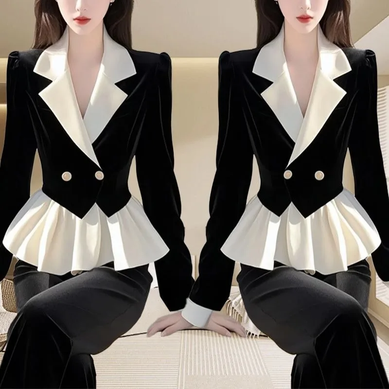 

New High End Autumn Women's Jacket Light Luxury Fashion Slim Splicing Lapel Long Sleeve Small Fragrant Shirt Contrast Color Top