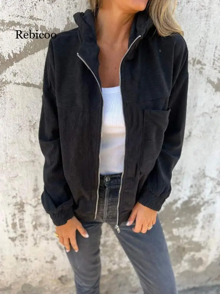 

Autumn 2025 New Solid Color Jacket Women's Simple Style Corduroy Hooded Jacket for Women