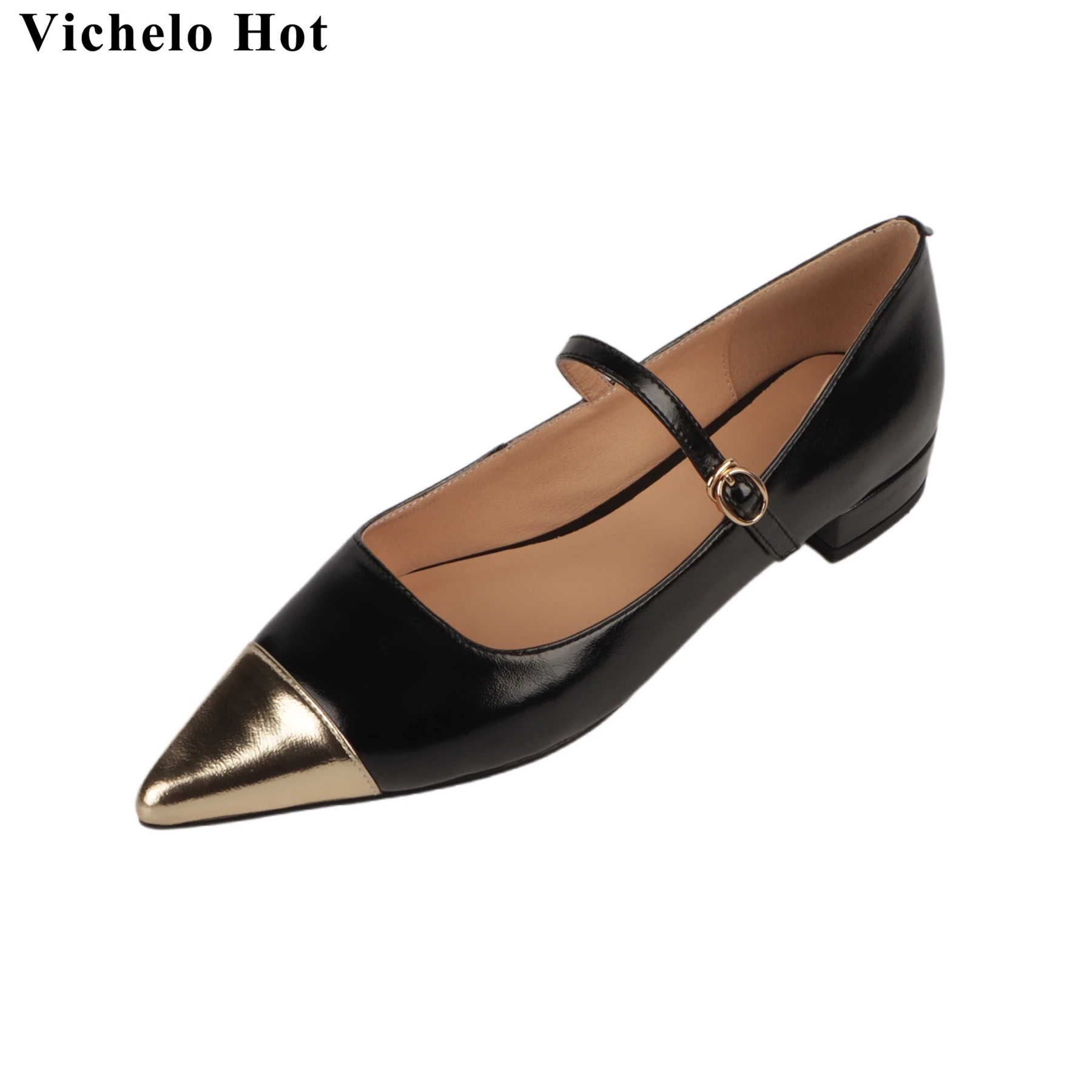 

Vichelo Hot 2024 Patent Leather Pointed Toe Shallow Chunky Heels Spring Autumn Mary Janes Shoes Mixed Colors Dress Women Pumps