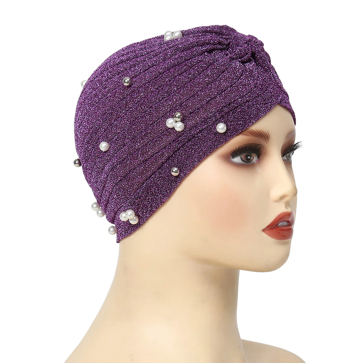 

Elegant Shiny Turban Cap Women Muslim Hijab Islamic Jersey Chemo Cap Pearls Beads Head Scarf Ladies Head Wrap Cover Hijab Scarf