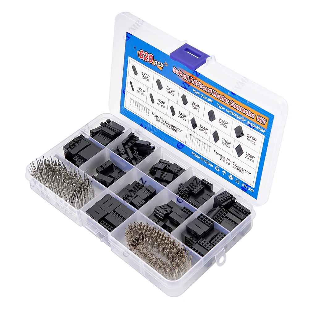 620PCS DuPont Header Connector Kit 2.54mm Male Female Pin for Electronics DIY Projects 2X2P/3P/4P/5P/6P