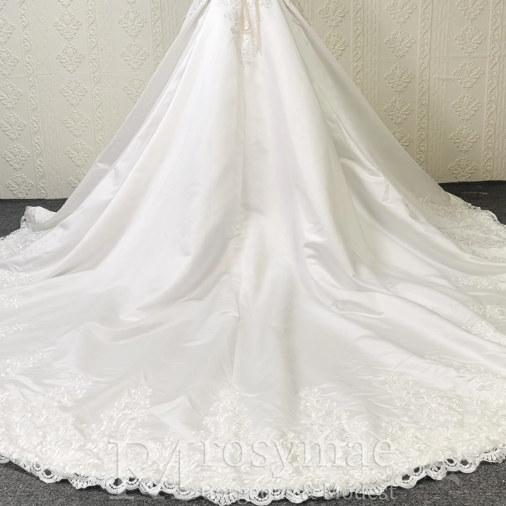 Rosymae Ballkleid-Hochzeitskleid, Spitzenmieder, durchsichtig, herzförmiger Ausschnitt, Flügelärmel, glatter Satinrock, Spitzenapplikationen, Jakobsmuschelsaum