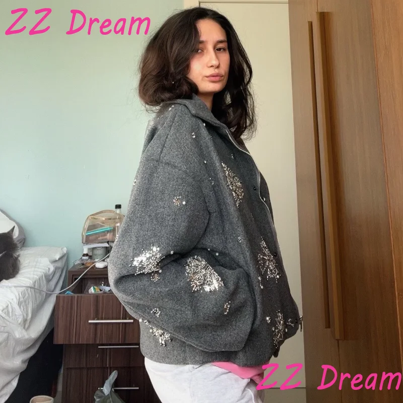 Embroidery Beading Loose Zipper Coat For Women Lapel Collar Bat Sleeve Solid Wool Blend Jacket 025 Autumn Casual Lady Outerwear