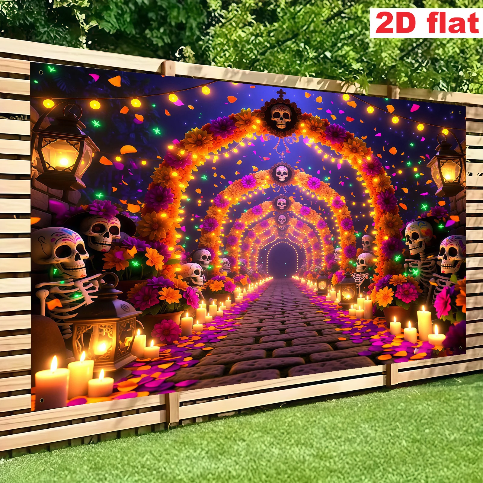 Day of the Dead Skull Flower Arch Tunnel Candles 2D Flat Tapestry Backdrop For Halloween Party Decor Mexican Wall Hanging Art
