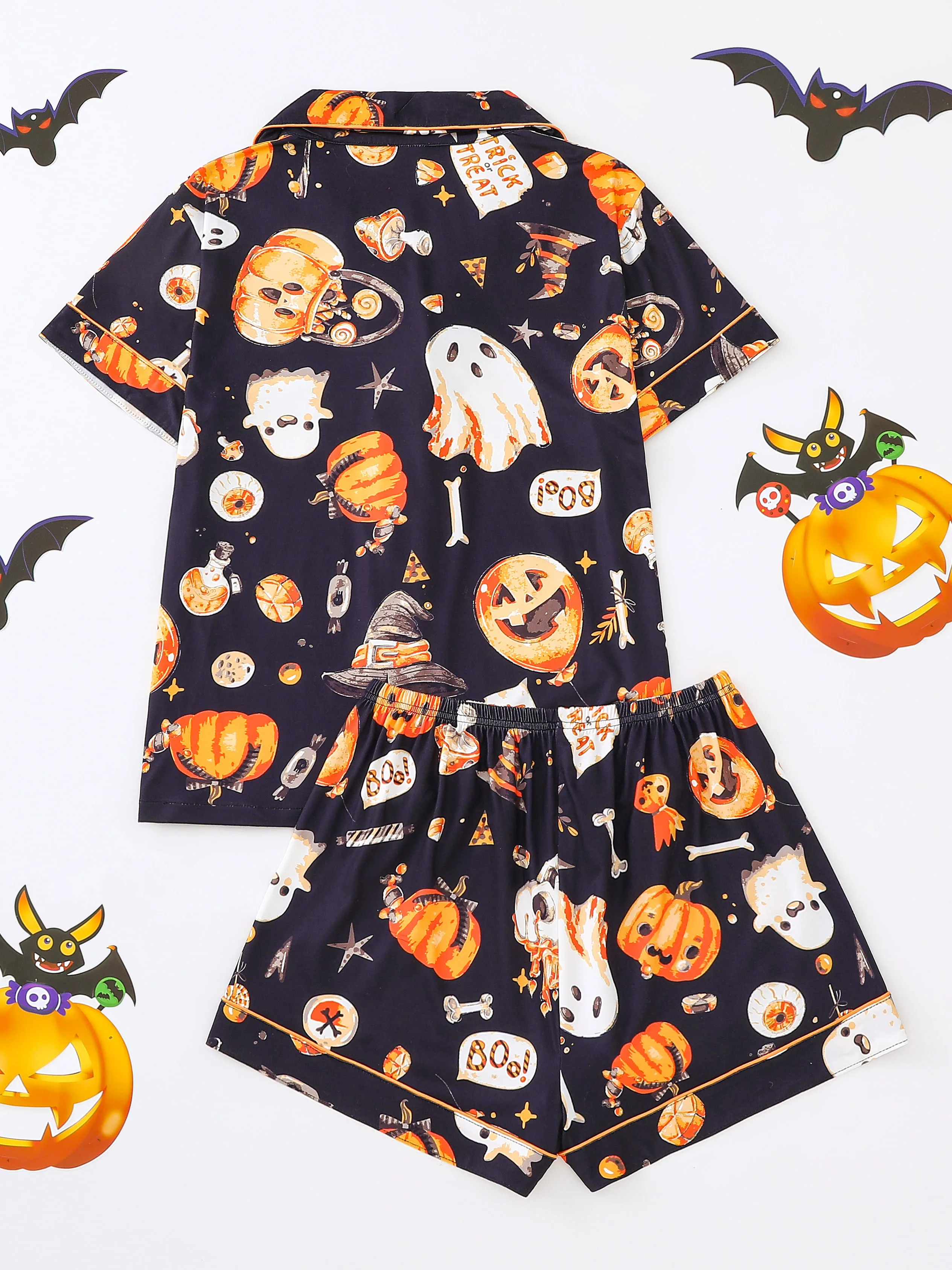 Halloween pumpkin bat print pajama set for women comfortable short-sleeved lapel top and baggy shorts loungewear for women