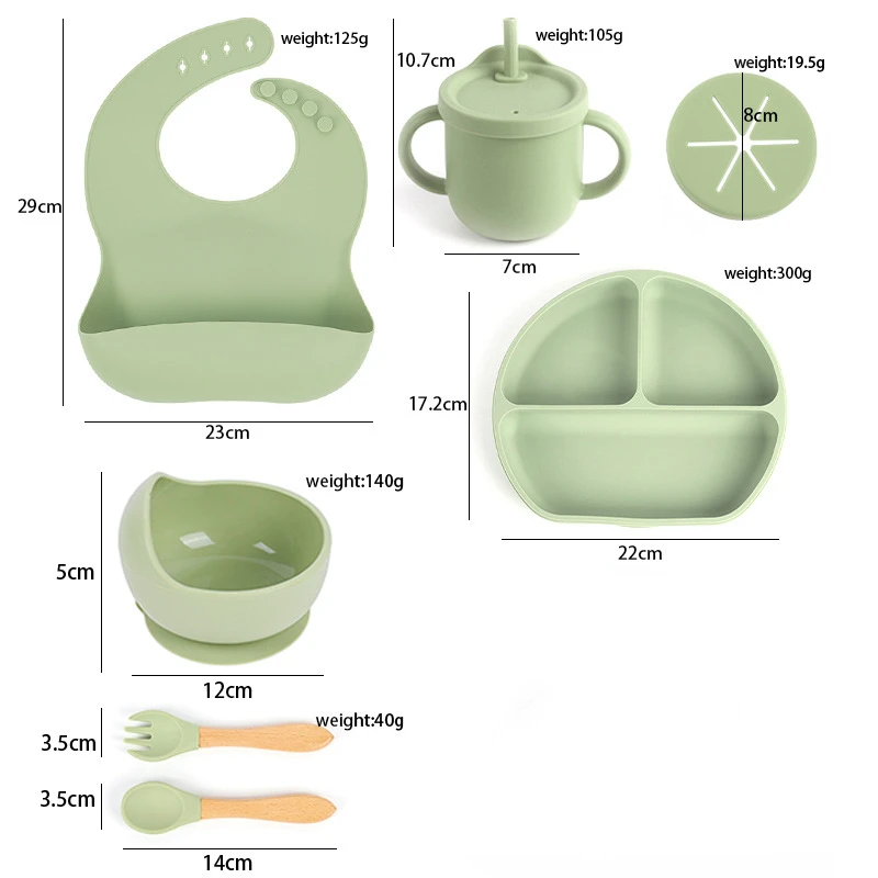 

6 Pcs Children's Silicone Baby Dinnerware Plate Set Baby Fork Spoon Bib Water Cup Set