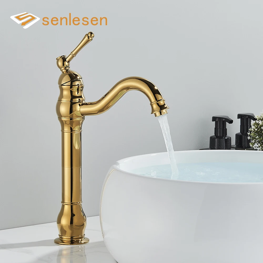 Senlesen Golden Brass Basin Faucet Deck Mount Single Handle Rotation Bathroom Crane Long Spout Lavatory Sink Hot Cold Mixer Tap