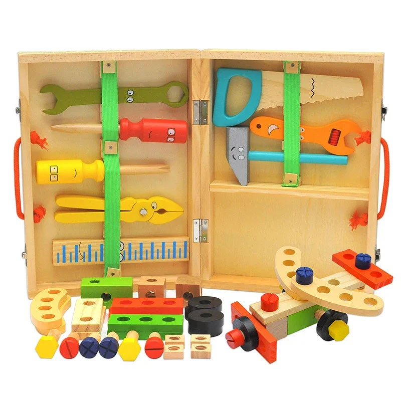 Pädagogisches Montessori Kinder Spielzeug Kunststoff Holz Toolbox Pretend Spielen Set Kinder Mutter Schraube Montage Simulation Schreiner Werkzeug