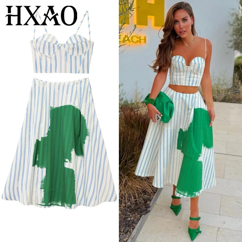 

HXAO Комплект юбки в полоску с принтом Женский комплект из двух предметов Корсет с рюшами Топ 2-х предметный комплект Женский комплект юбки миди с высокой талией и принтом тай-дай