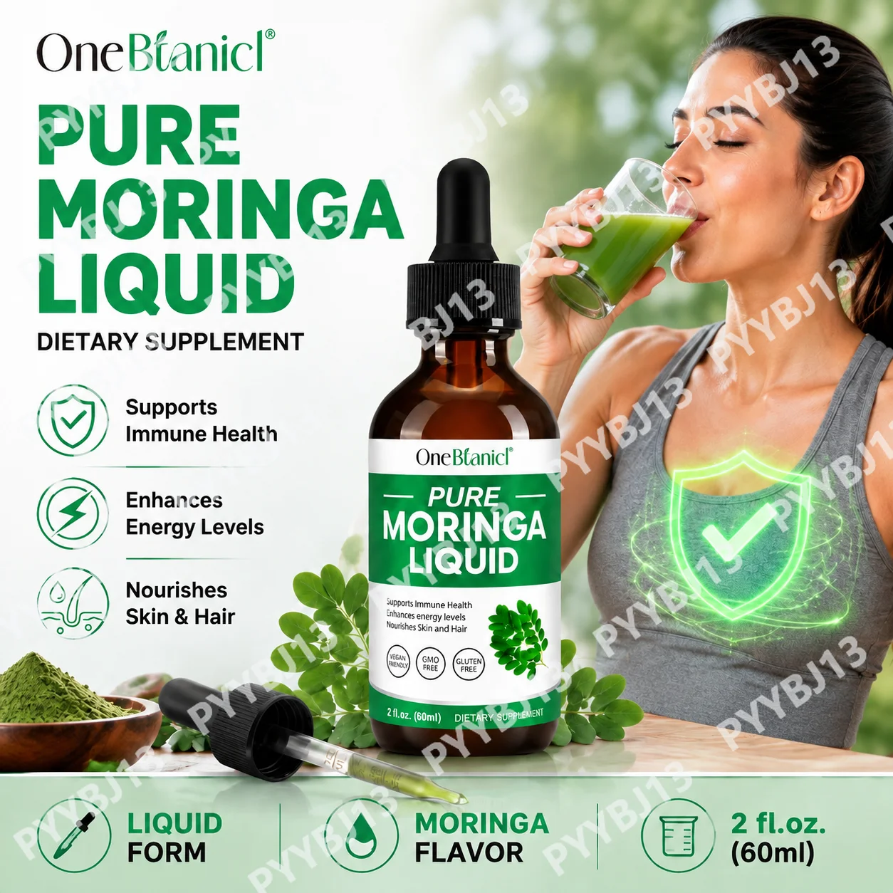 OneBtanicl Moringa Leaf Extract,an oral drop that promotes skin and hair health,natural energy,vegan,non GMO,sugar free,60ml