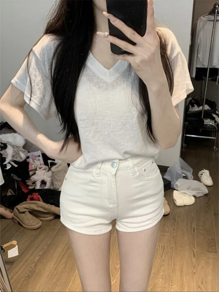 

High Waist Denim Shorts Women's Summer New Style Slimming Large Size A-Line Tight Hot Pants Spring Season Ladies Jeans