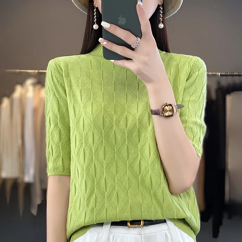 Spring And Summer Thin Semi-High-Necked Knitted Bottoming Shirt Short-Sleeved Pullover Women Wear Solid Color Semi-Sleeve Tops