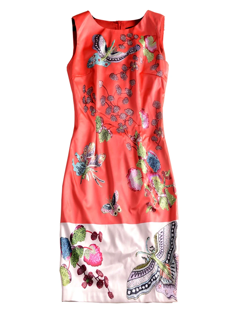 Fashion Butterfly Print Women Sheath Dress Round Neck Sleeveless Dresses