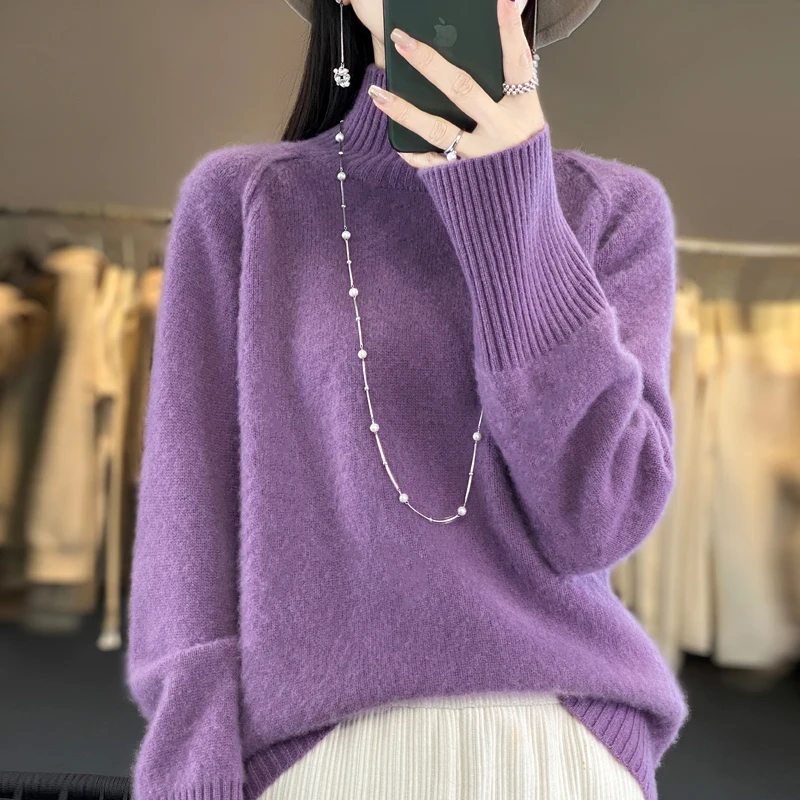 Sweater leher setengah tinggi, sweater Dalaman lembut dan longgar dengan wol di musim gugur dan musim dingin, mantel tebal di musim dingin untuk wanita