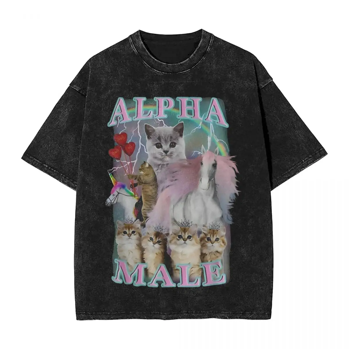 

Washed T Shirts Alpha Male Cat And Unicorn Hip Hop Vintage T-Shirts Funny Meme Streetwear Summer Tops Tee Shirt for Men Women