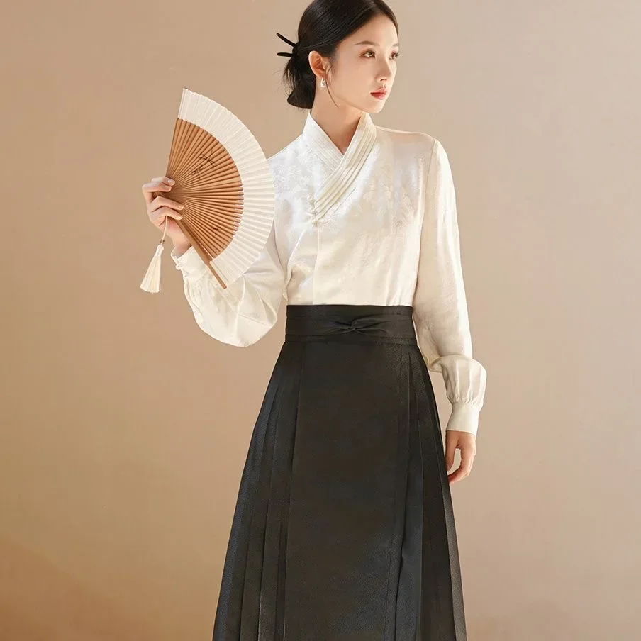 Falda de cara de caballo Hanfu de la dinastía Ming para mujer, traje tradicional chino, cuello alto, Falda plisada Vintage, negro