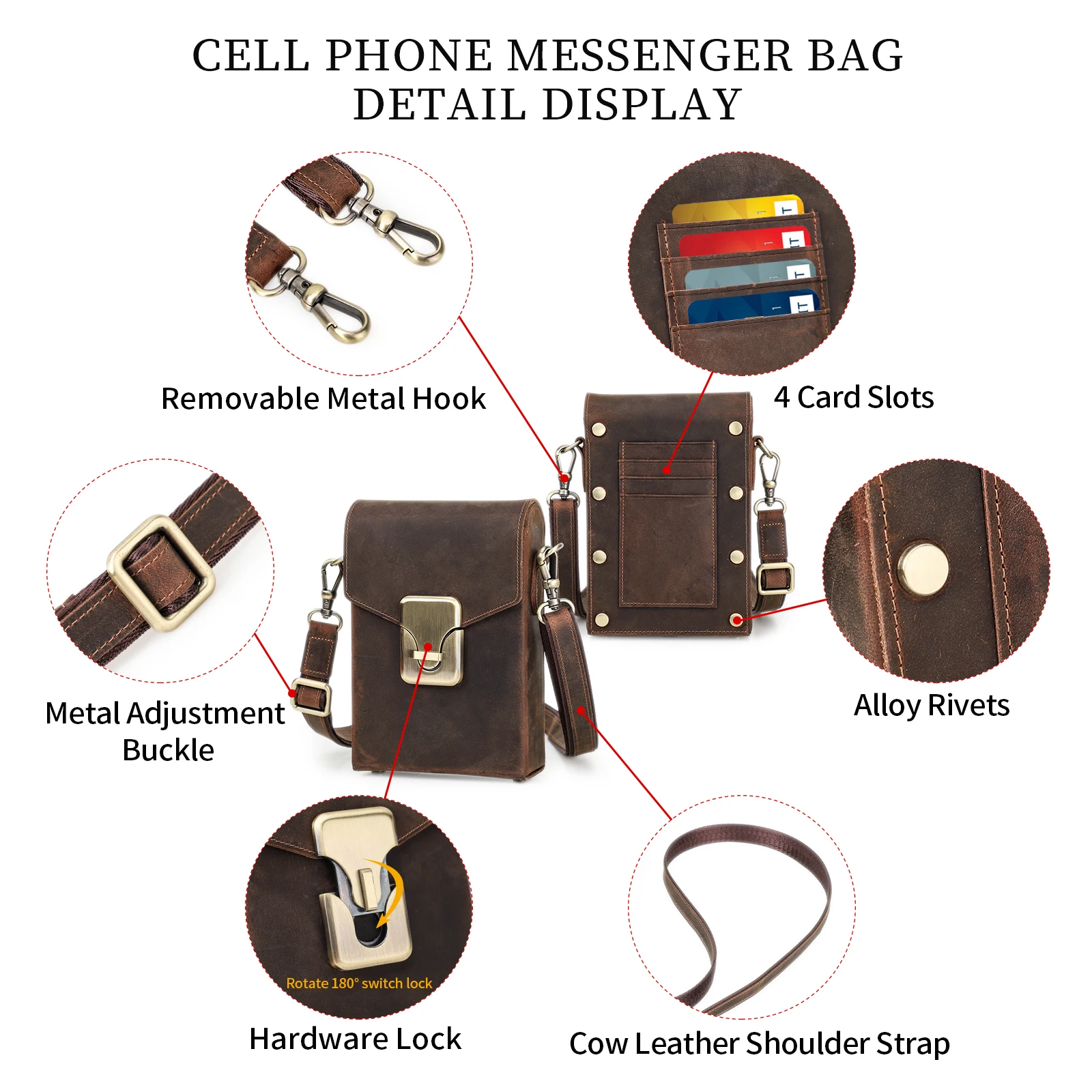 Vintage Crazy Horse Leather Phone Bag For Men Crossbody Cellphone Case Holder With Card Wallet Shoulder Luxury Designer Bag