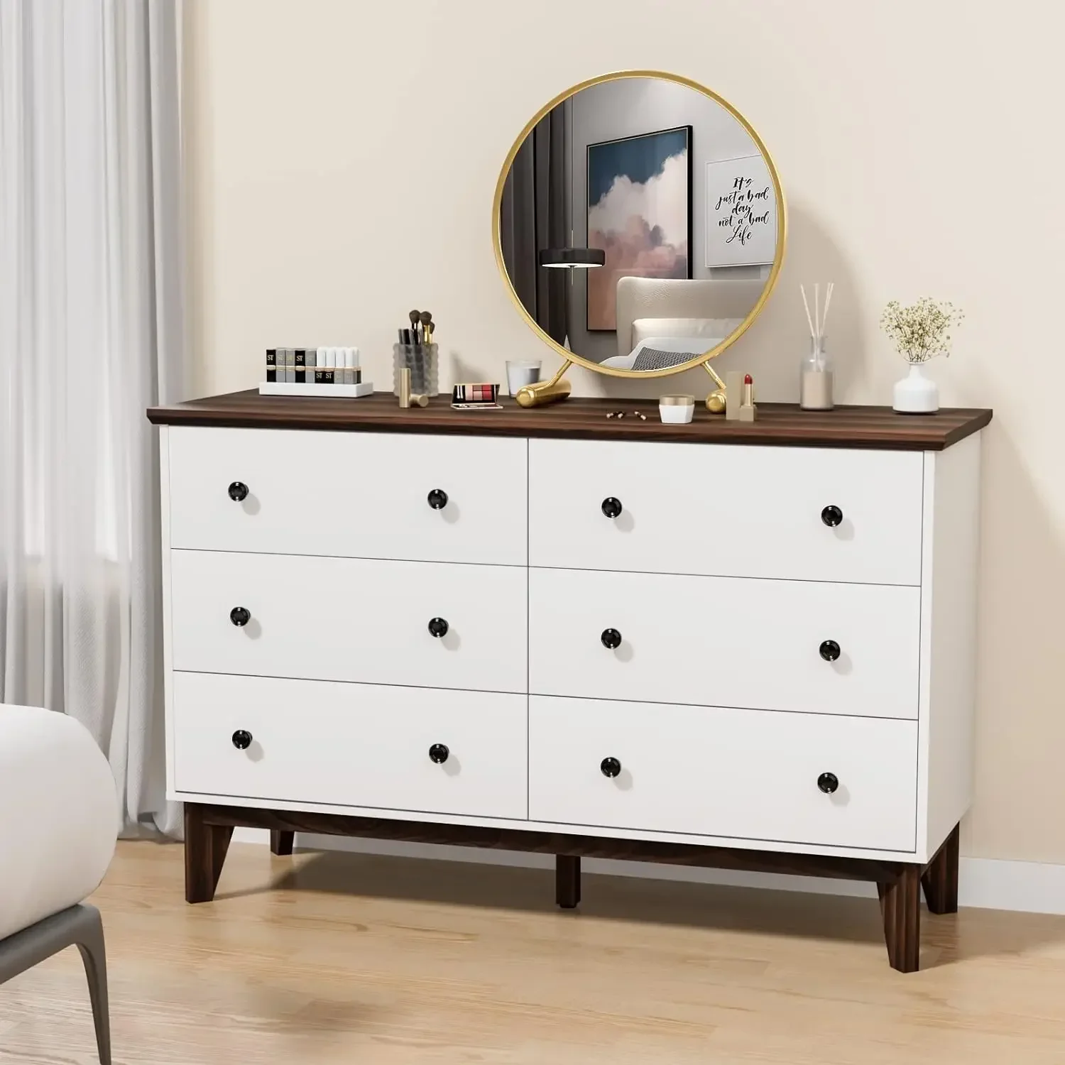 

For 6 Drawer Double Dresser with Deep Drawers, Wood Chest of Drawers, Storage Dressers Organizer for Bedroom, White / Black