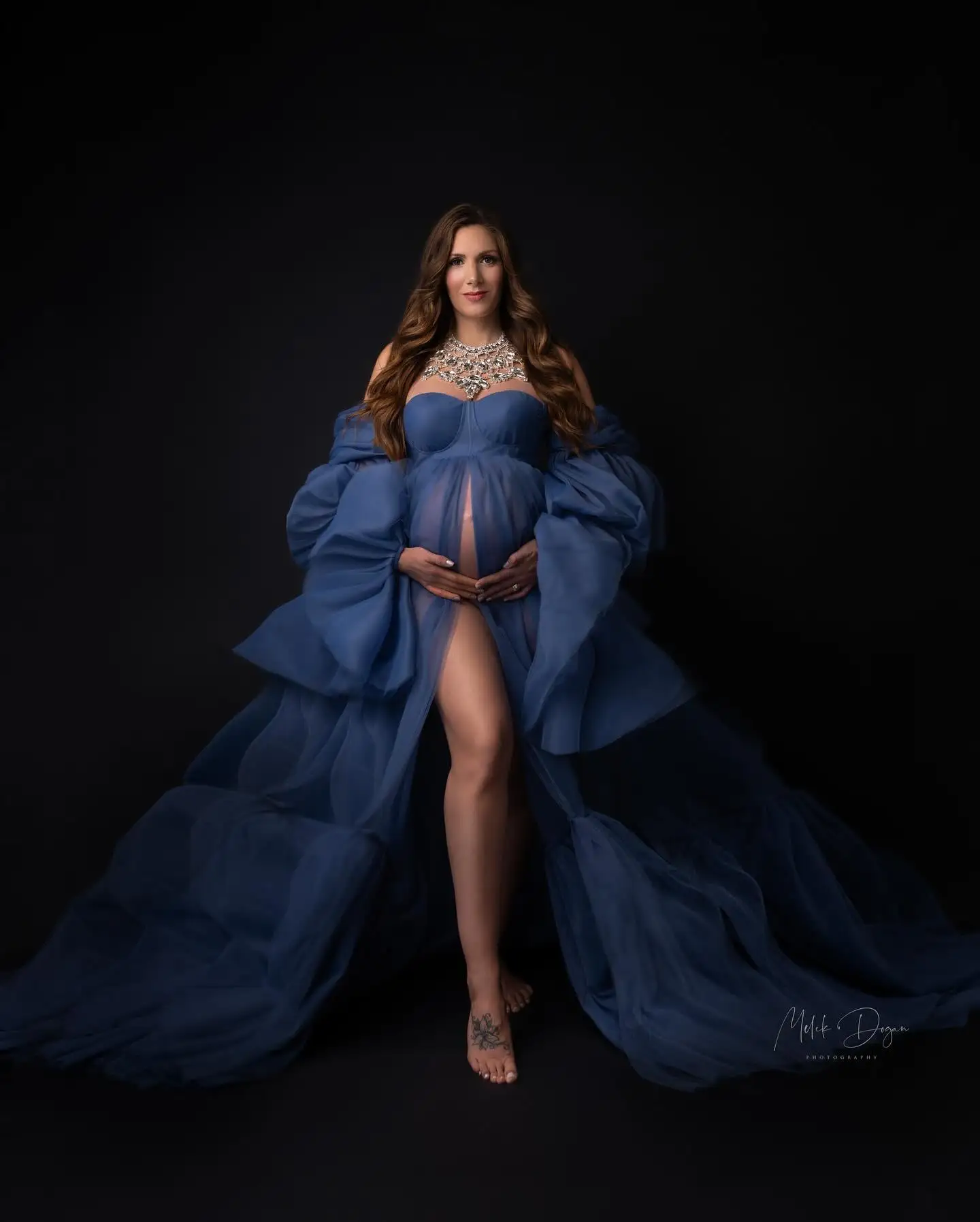 Blue Maternity Dress for Women New Tiered Pleat Photoshoot Formal Prom Robes Dressing Pregnancy Slit  Baby Shower Gowns