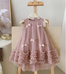 New Baby Summer Girls Pink Bow  Mesh Vest Dress, Princess Kids Sweet Fashion Dresses  2-8T