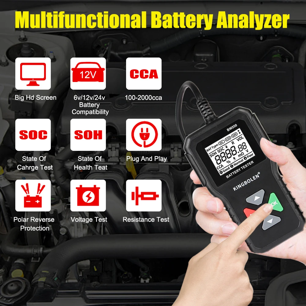 

Auto Battery Analyzer Car Battery Tester 6V 12V 24V Black 100-2000 CCA Battery System Detect Car Battery Tool BM550