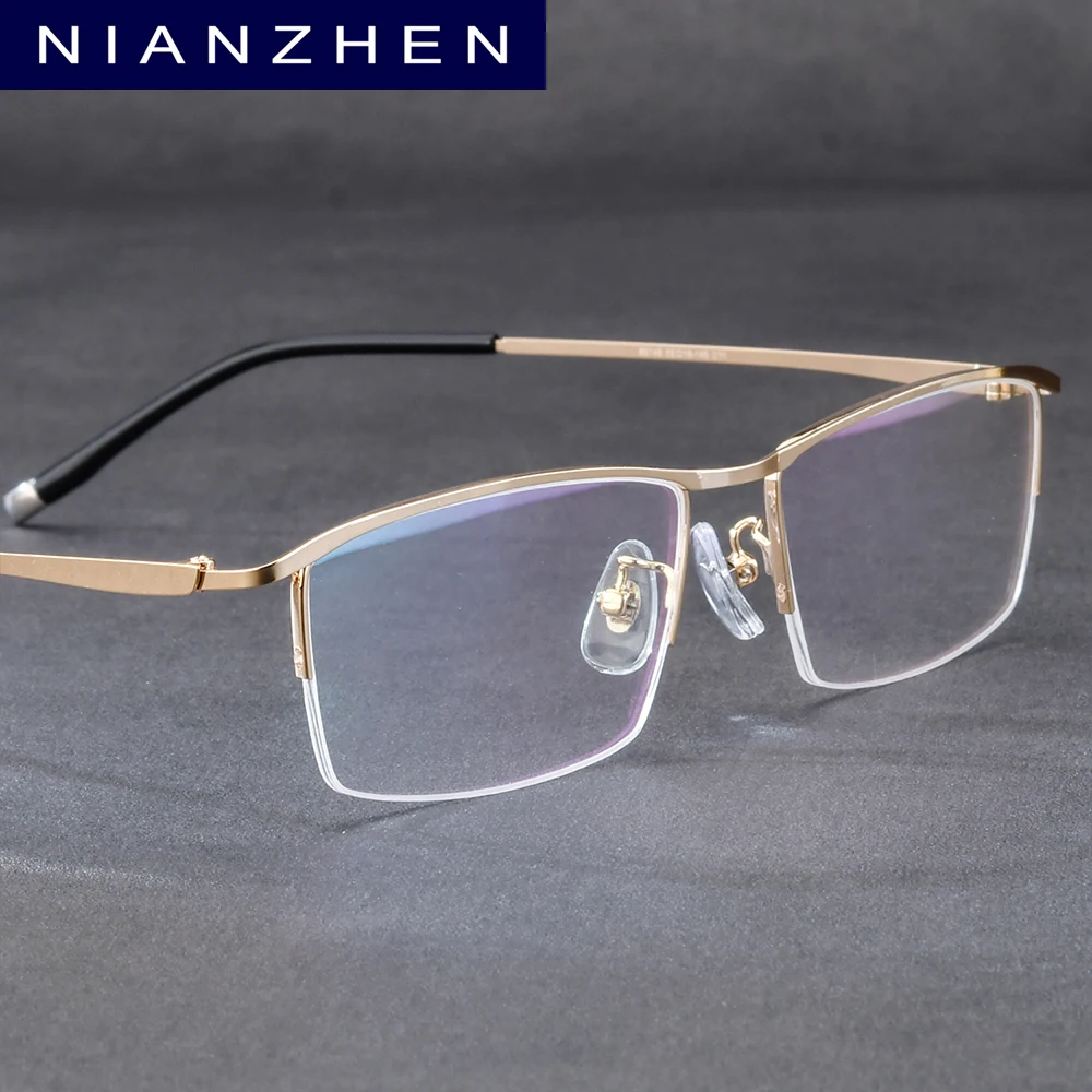 NIANZHEN Titanium Alloy Glasses Frame Men Brand Design Square Semi-Rimless Eyeglasses Ultralight Half-Rim Eyewear Women 85148