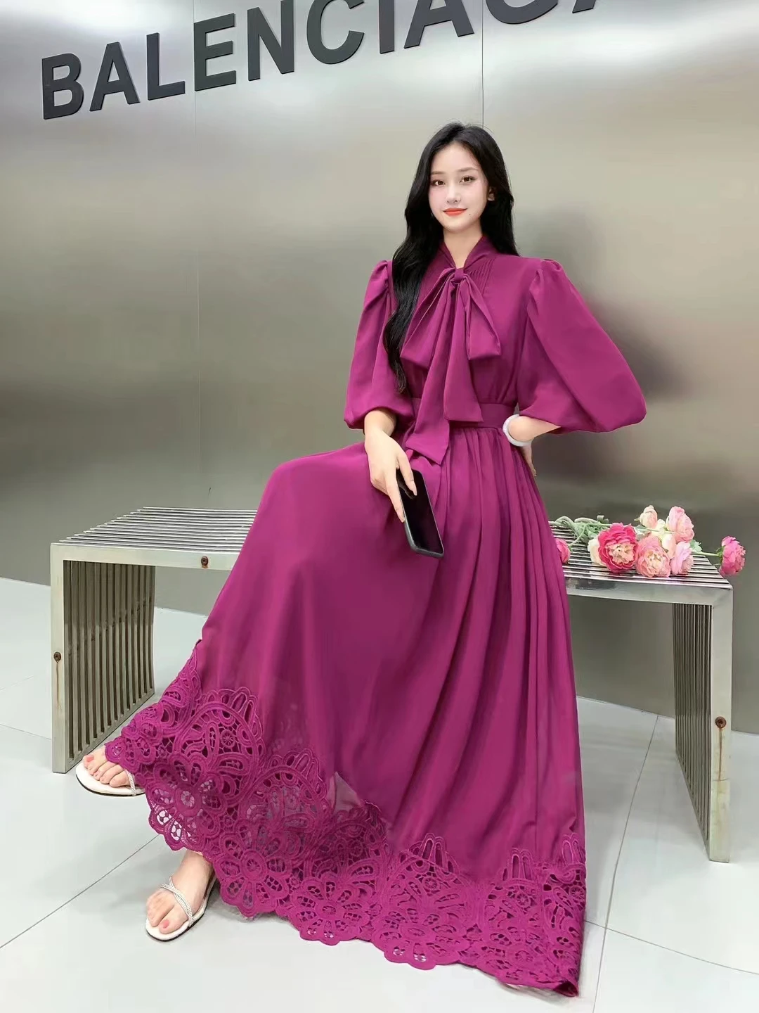 2024 New Summer Women Lace-up Bow Collar Puff Sleeve Belt Slim Long Dress High Quality Lace Patchwork Big Hem Chiffon Dress