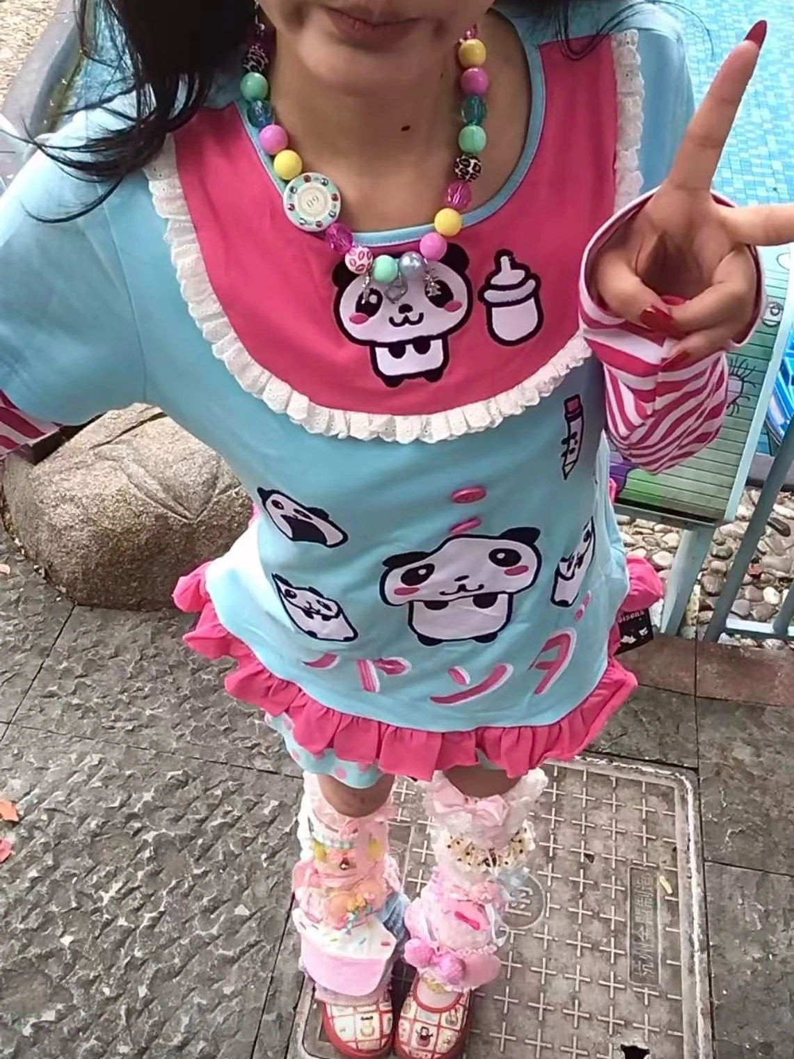 Long Sleeve Tee Blue Pink Panda Cartoon Print Lace Ruffle Hem Striped Fake Two Piece Summer Kawaii Harajuku Streetwear Top Women