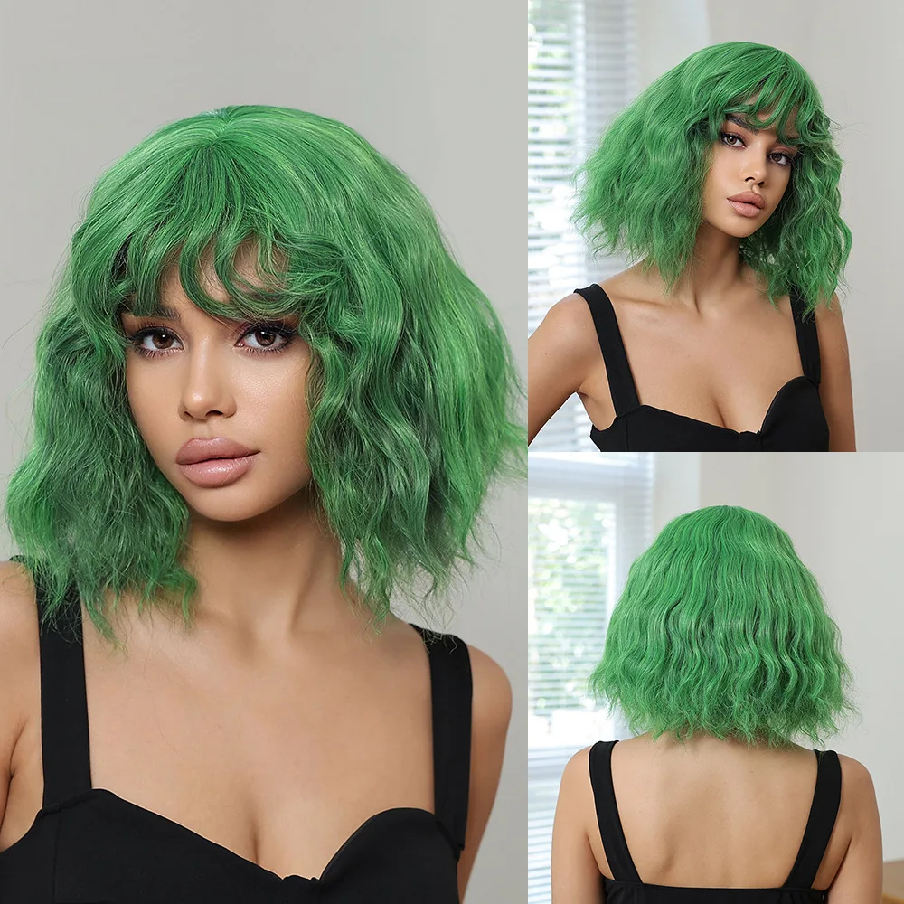 

Парик 14 дюймов, бирюзовые короткие вьющиеся волосы, маленькая вьющаяся челка, женский парик, полный головной убор