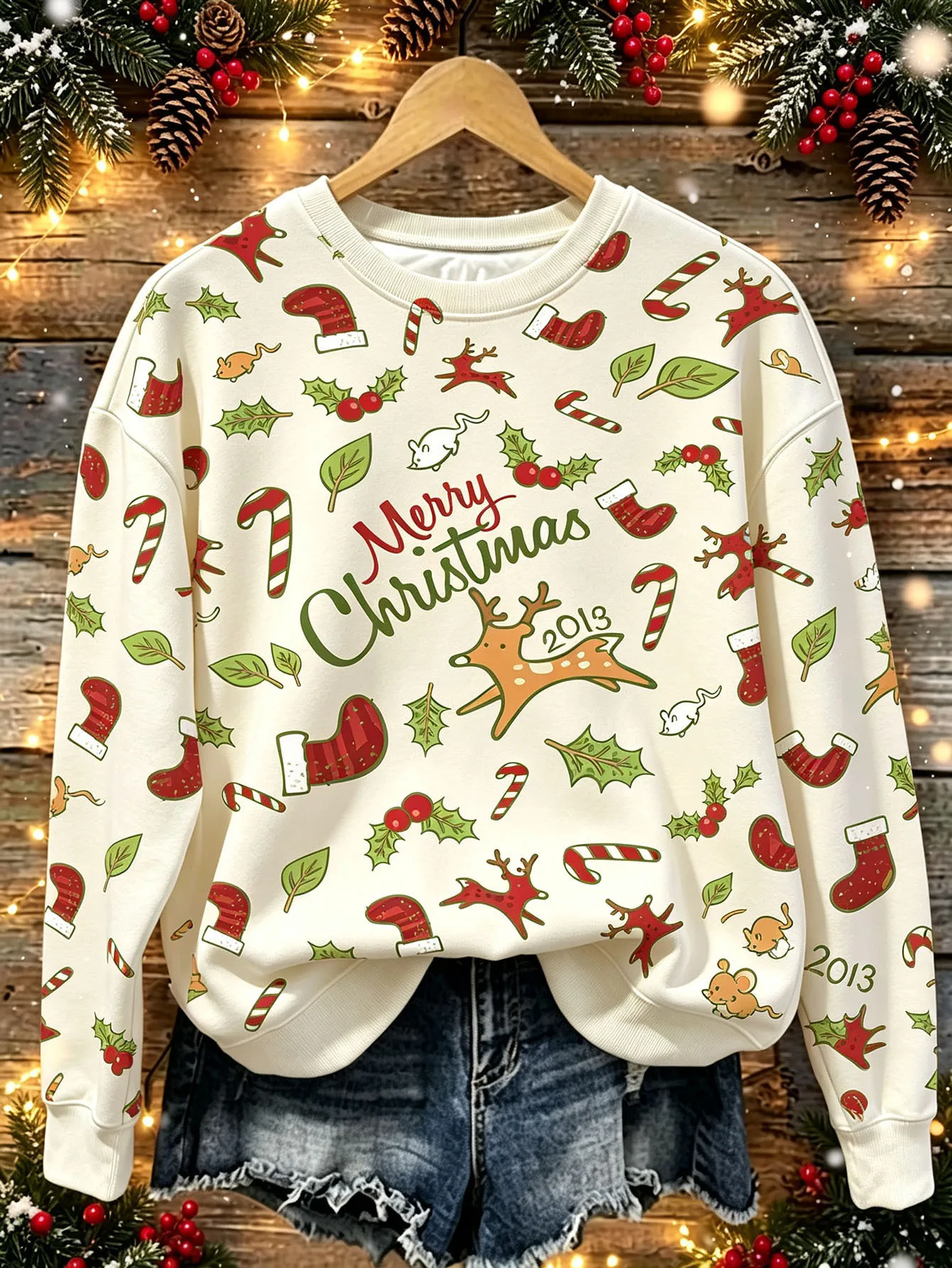 Women Long Sleeve T-shirt Round Neck Cartoon Snowman Bear Christmas Stocking Candy Print Holiday Tops Women's Clothes