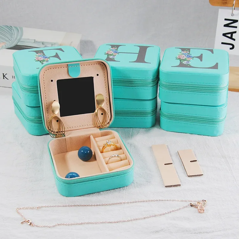 PU printed letter jewelry storage box, compact ring and earrings jewelry box, travel portable jewelry box wholesale