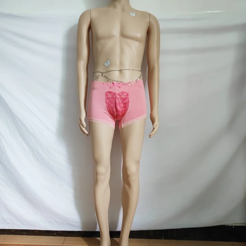 

Сексуальные мужские модные эластичные шорты с принтом, розовые кружевные трусы с галстуком-бабочкой для геев, DJ Club Live Show, танцевальные костюмы BF, подарок FKK Party
