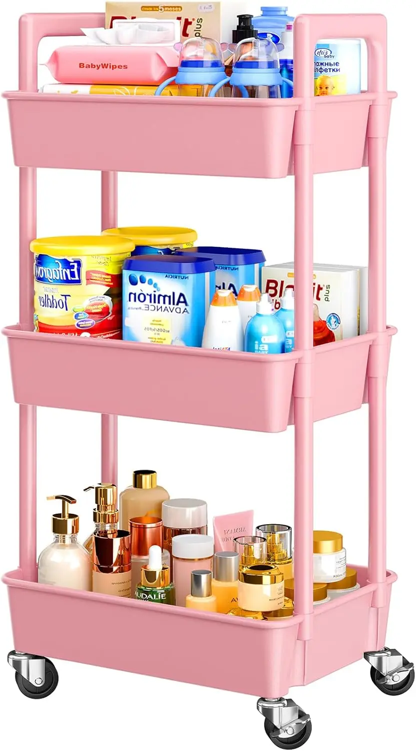 

Трехъярусная тележка на колесиках с фиксирующимися колесами, легкий органайзер для кухни, ванной, мастерской, розовый