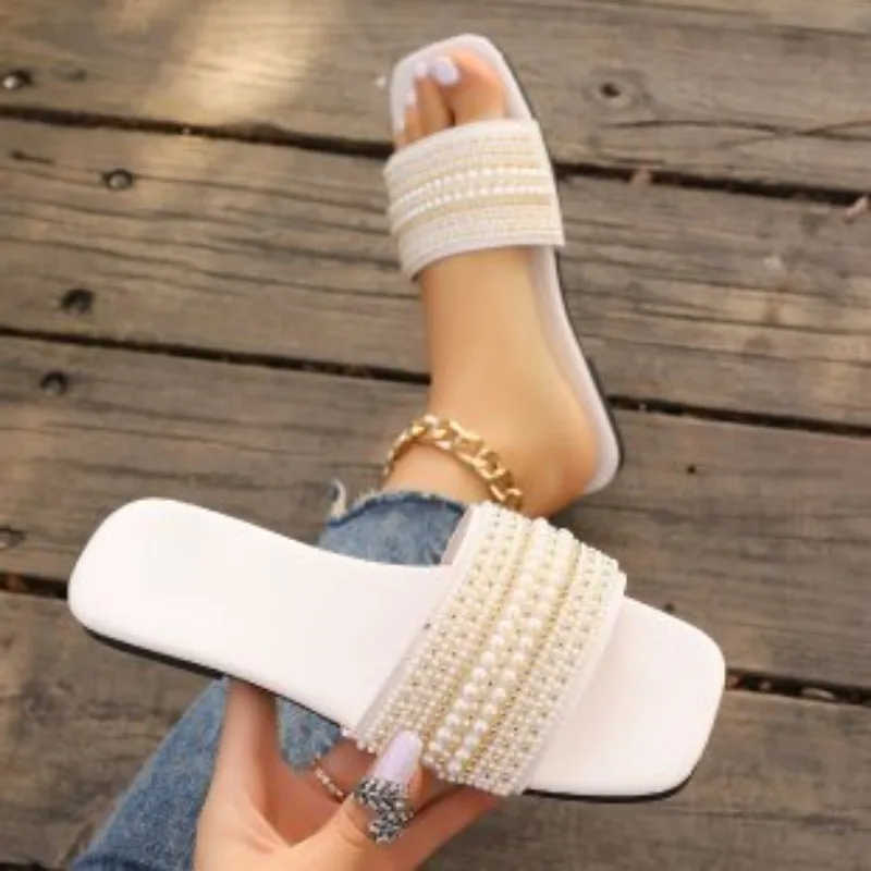 Summer Sparkling Rhinestone Flat Women's Slippers 2024 New Fashion Outdoor Open Toe Comfortable Casual Women Plus Size 43