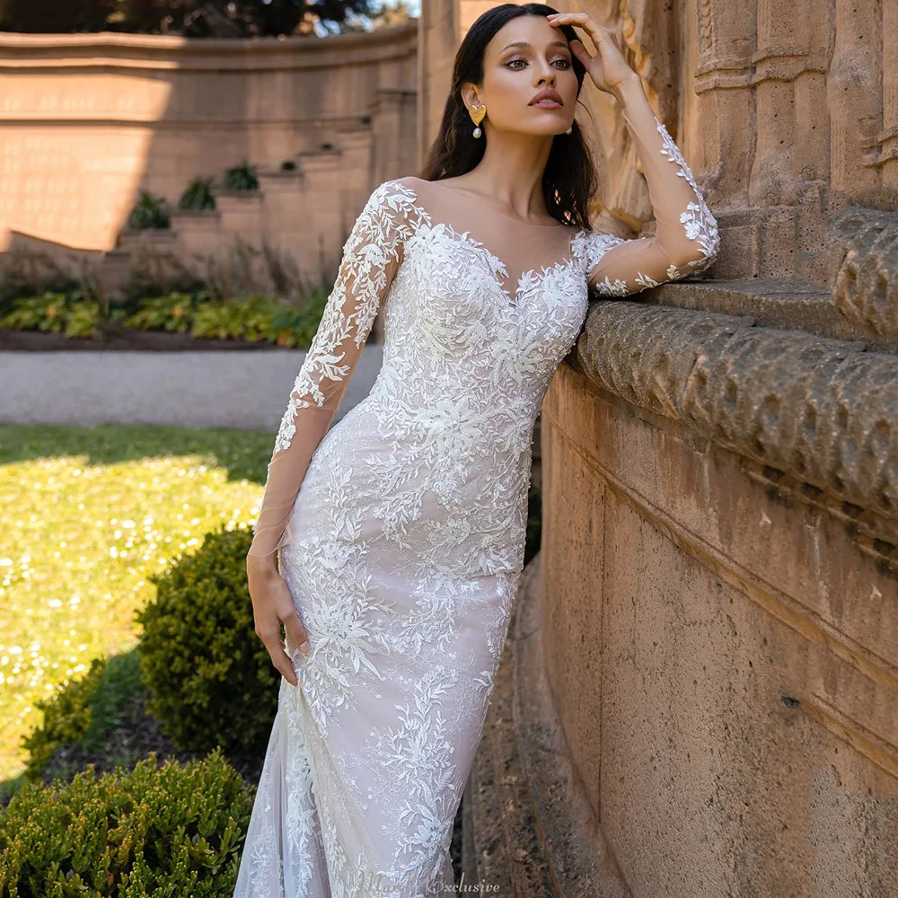 Vestido De Novia De sirena con cuello redondo, manga larga, apliques De encaje, ilusión trasera, tren De corte