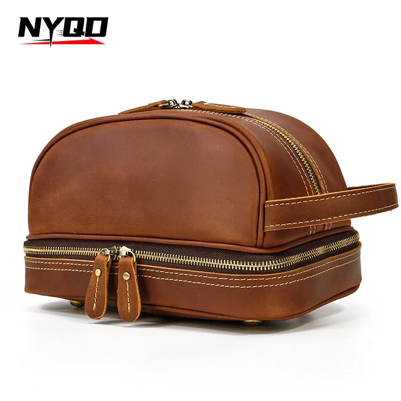 

Fashion Crazy Horse Leather Travel Bag High Quality Wallet Storage Washing Make Up Bags for Travel Toiletry Cosmetic Bag