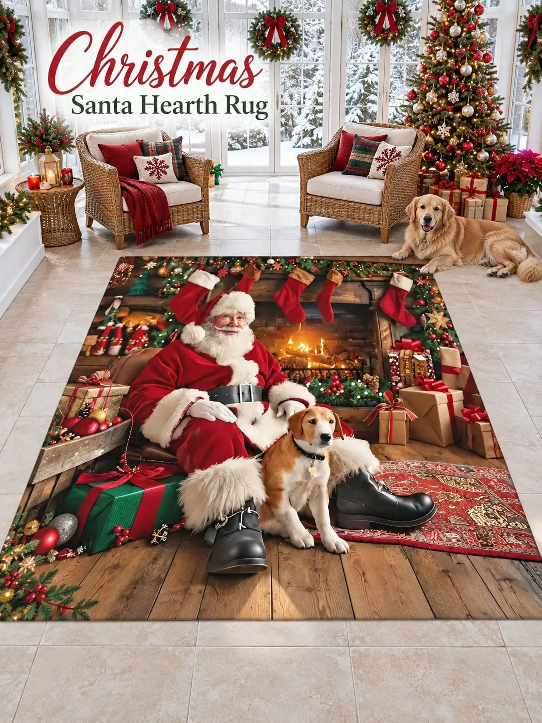 Christmas Rug Santa Claus Puppy Presents Living Room Bedroom Study Entryway Floor Carpet Gift for Pet Owners Family Friends Winter Thanksgiving Birthday Anniversary Housewarming Apartment Cottage Home Styling Sofa Side Reading Nook Holiday Gathering