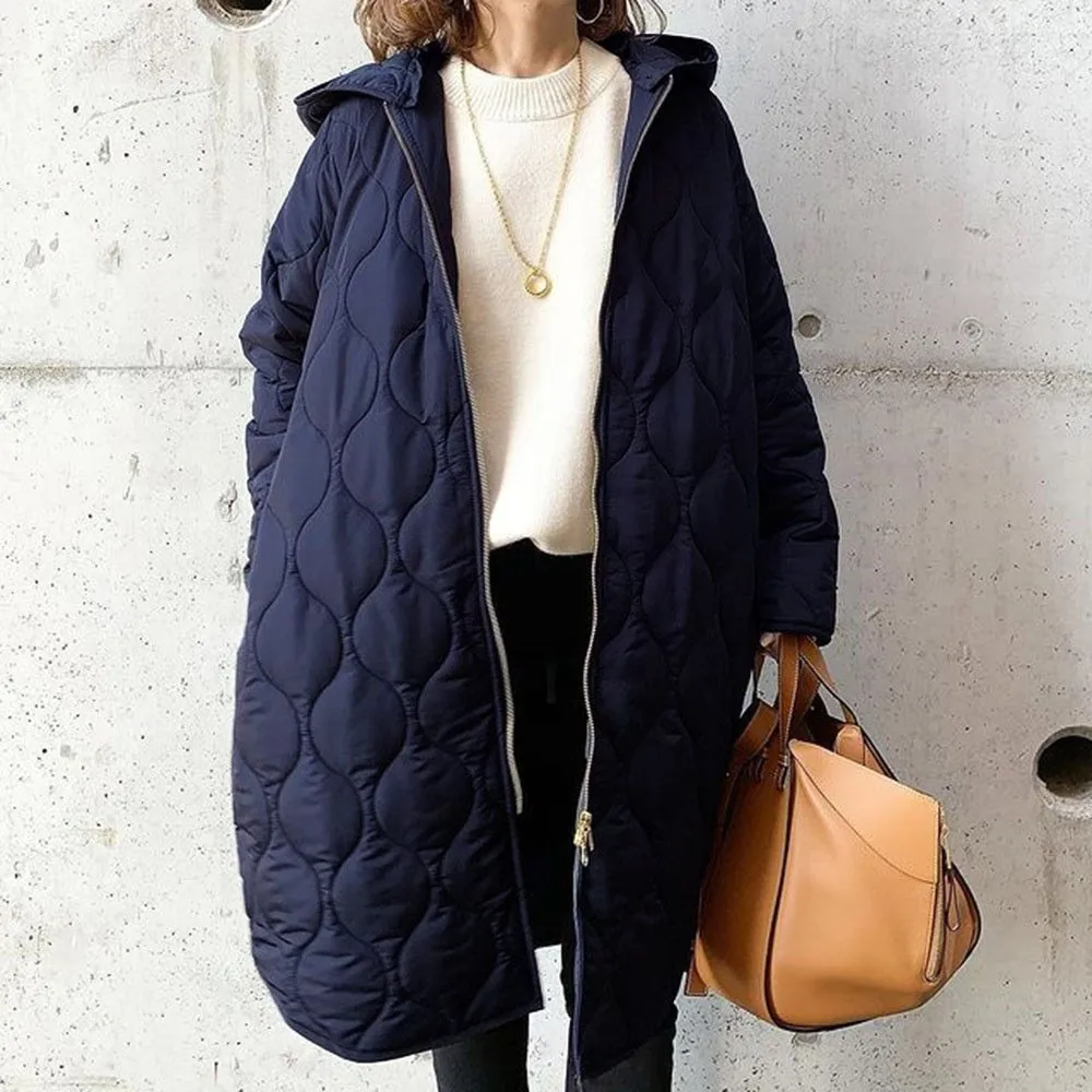 

Winter New Simple Diamond Grid Women Cotton Coat Simple Solid Color Female Casual Medium Long Hooded Jacket
