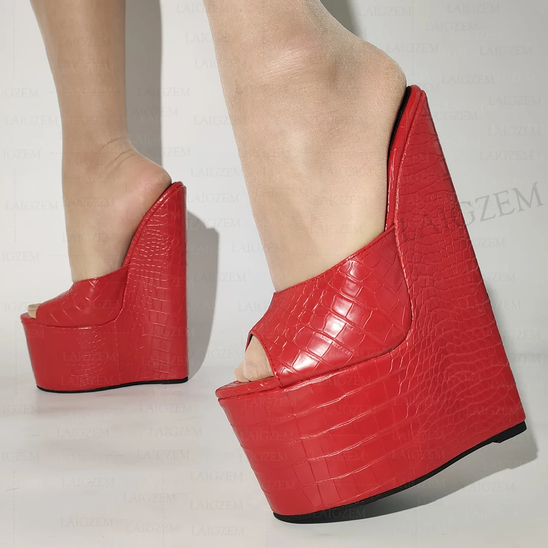 LAIGZEM SUPER High Women Pumps Wedges Slip on 7CM Platform 22CM High Heels Mules Club Ladies Shoes Woman Large Size 38 41 44 48