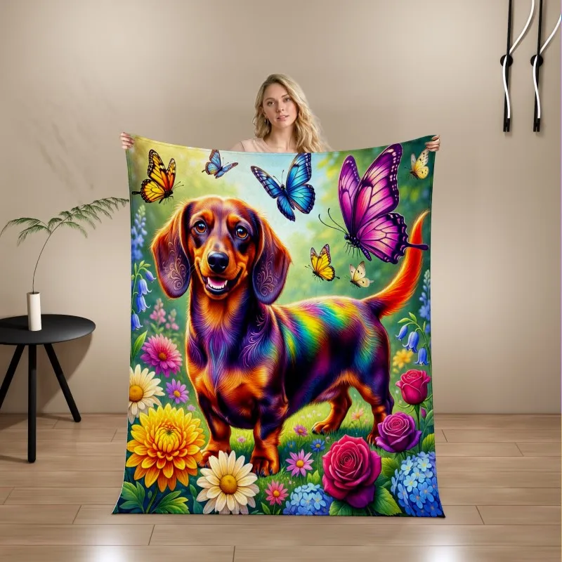 3D Dachshund Butterfly Floral Print Flannel Blanket, Soft Microfiber Throw Blanket for Sofa Bedroom, Home Decor Gift