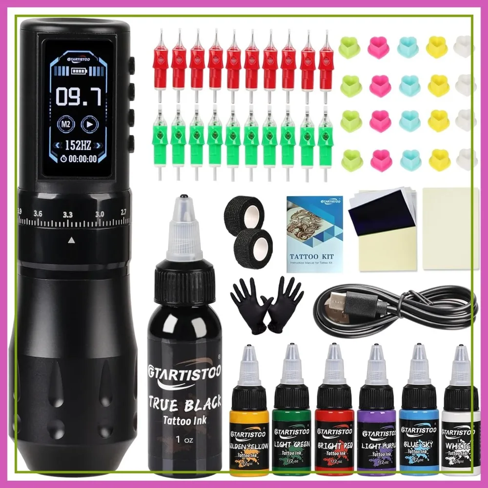 

Wireless Tattoo Pen Kit with 20 Cartridge Needles, 1/2 oz Ink Set for Beginners