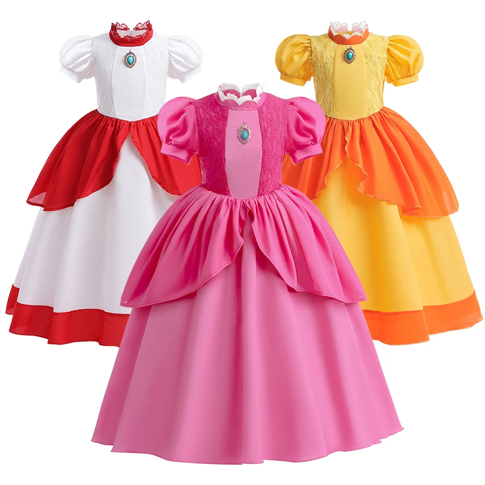 Traje de carnaval menina pêssego princesas vestido para meninas jogo role play roupas com luvas coroa festa de aniversário vestido de baile 3-10 y