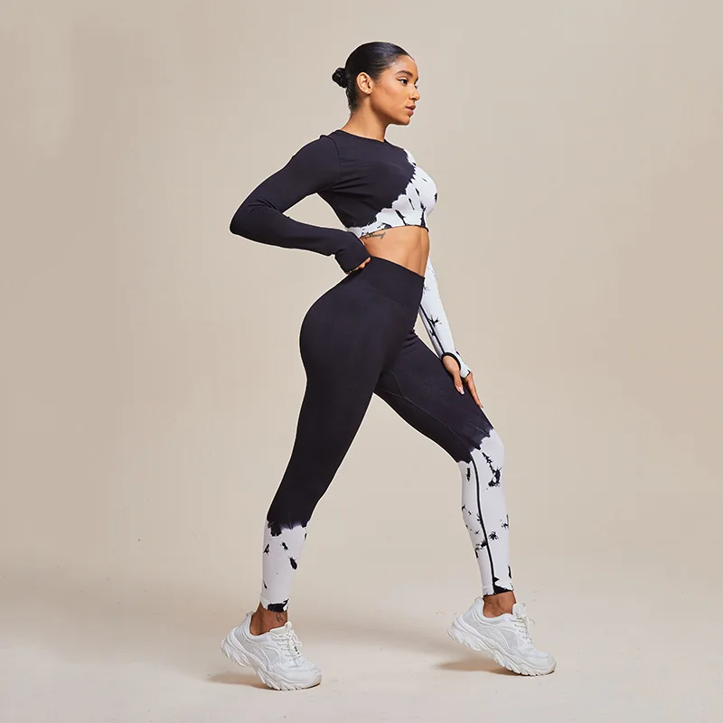 Two-piece Sets Seamless Black White Yoga Suit Sports Bra Top Fitness Running Pants High Waist Elastic Tight Leggings Active Tops