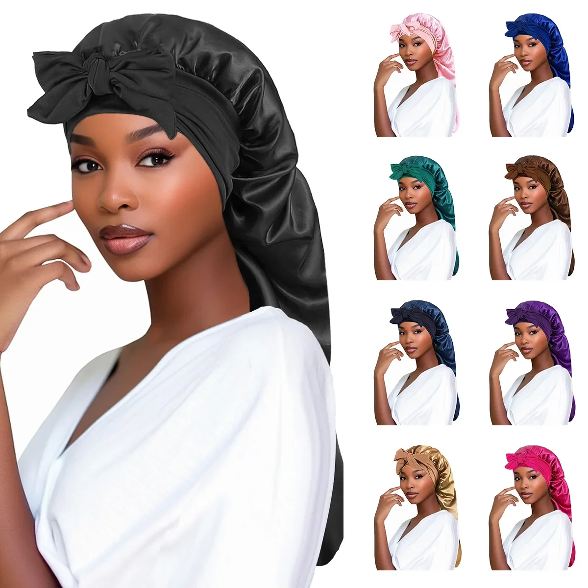 

New Women Long Satin Bonnet Sleep Cap Silky Sleeping Cap with Wide Elastic Band Hair Care Curly Hair Natural Hair