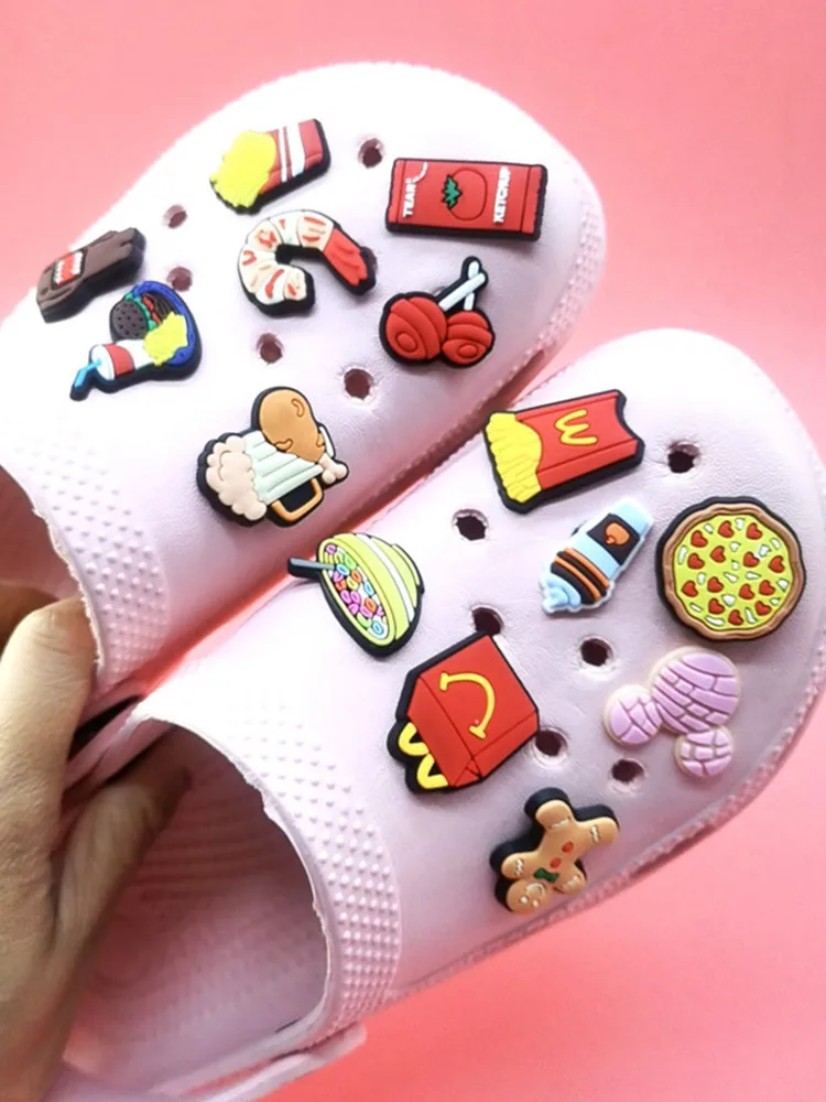 Kawaii Food Fries PVC Pins Croc Charms Designer Clog Shoe Accessories Original Buckle Decorations Fit Wristbands Kids Party Gift