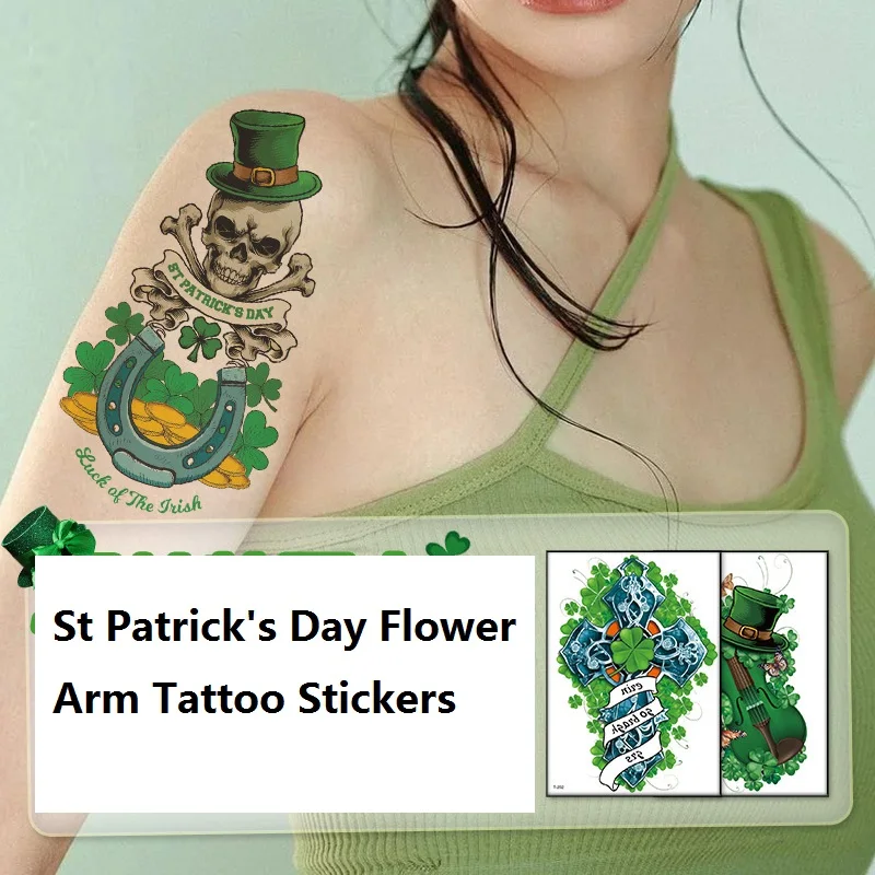 Waterproof and Sweatproof Disposable Tattoo Stickers, Four Leaf Flower Arm Stickers, St Patrick's Day, 1Sheet