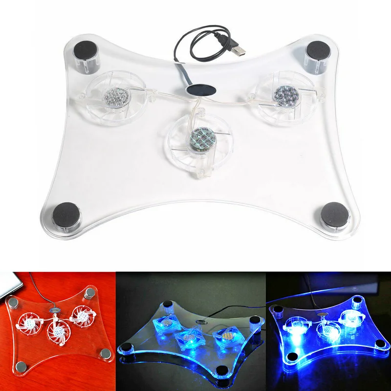 S  for 3 Fans USB Cooler Cooling Pad Stand Light Radiator For Laptop PC Notebook